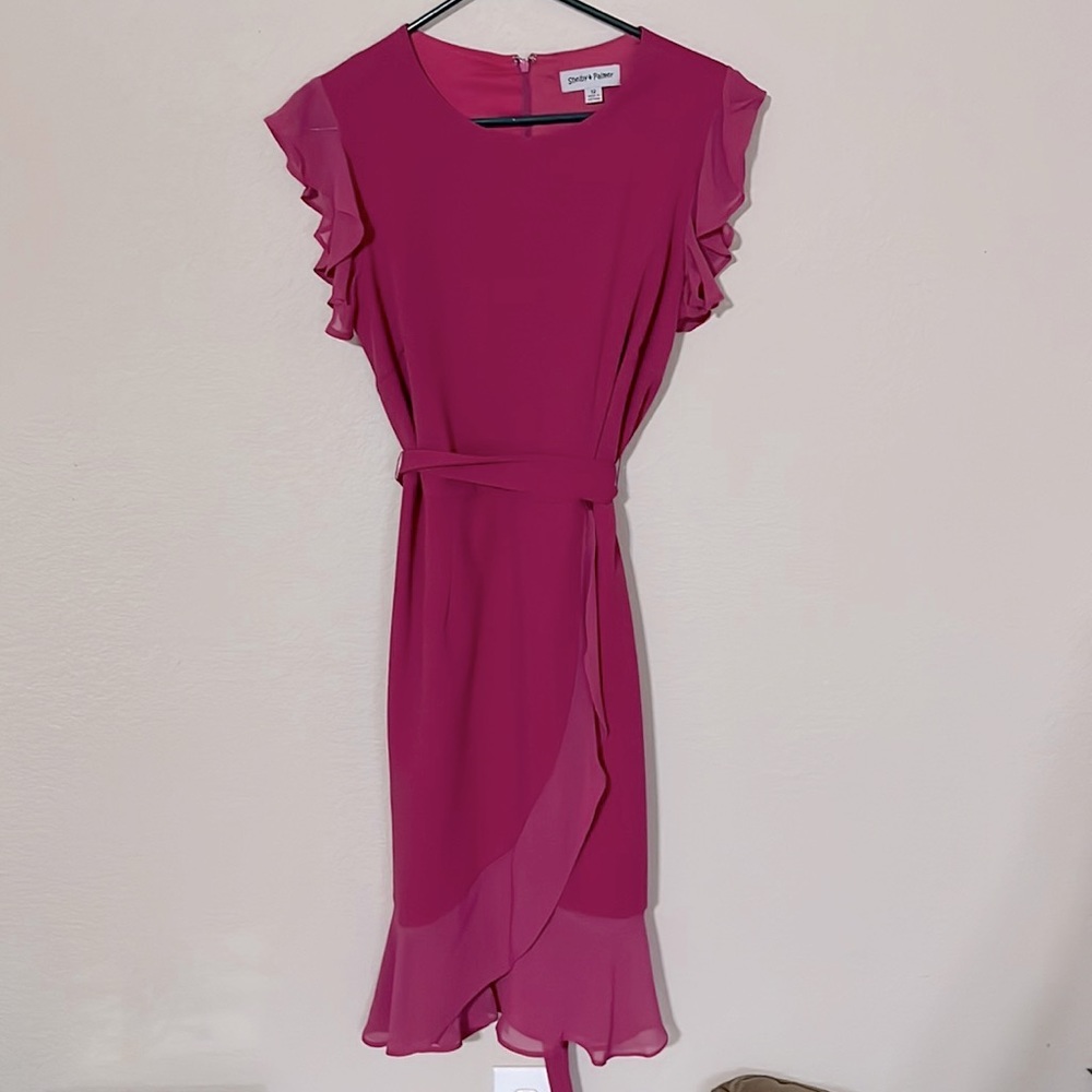 SHELBY & PALMER FAUX WRAP CHIFFON RUFFLE SHEATH DRESS RASPBERRY SIZE 12